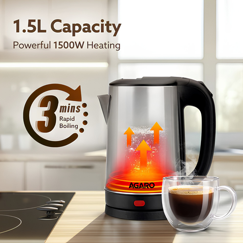 AGARO Sonnet Electric Kettle, 1.5 Ltr | 1500W | Stainless Steel Body | Quick Boil For Making Black Tea & Black Coffee | Auto Shut Off | Cool Touch Handle