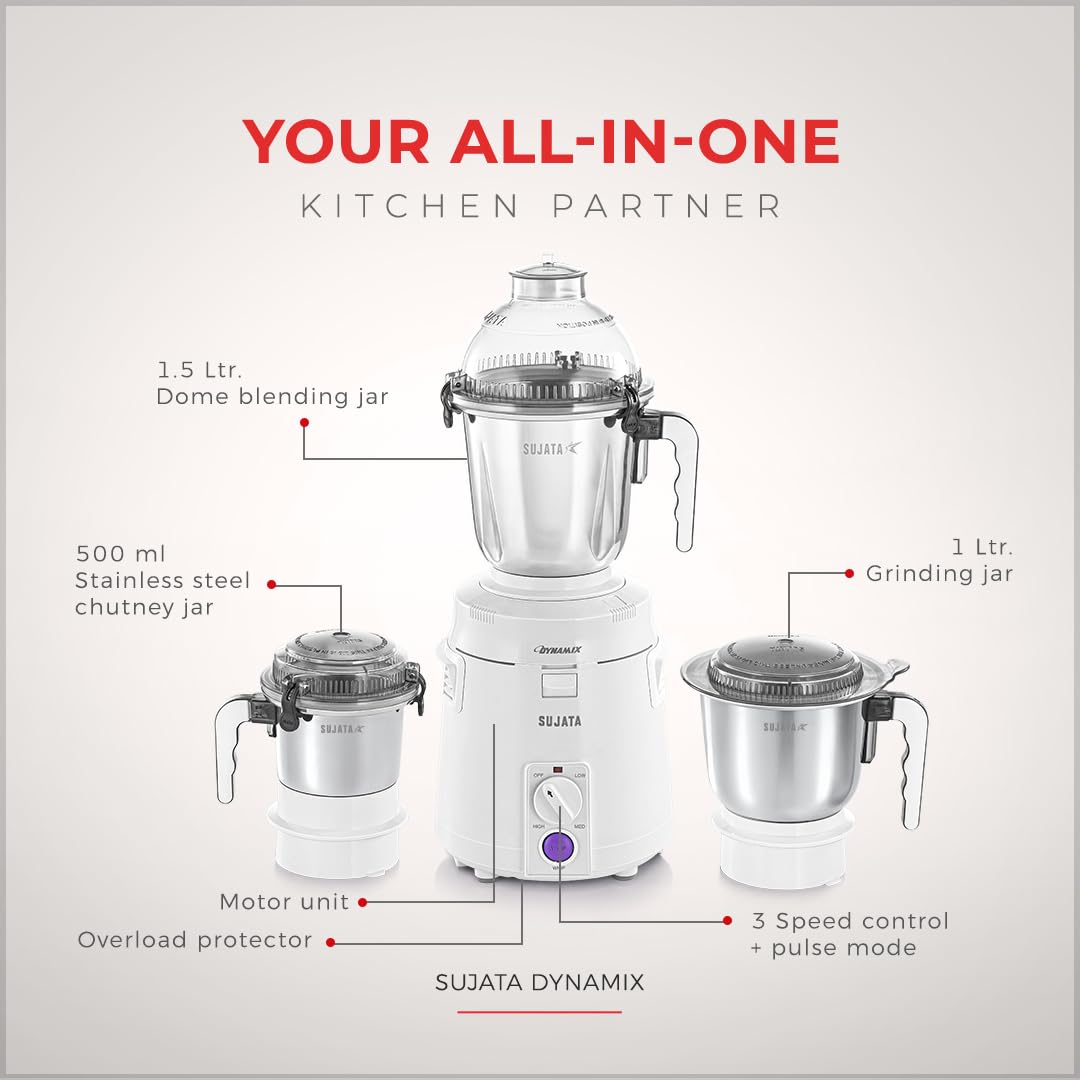 Sujata Dynamix Heavy Duty Mixer Grinder, 900W, 3 Jars (White