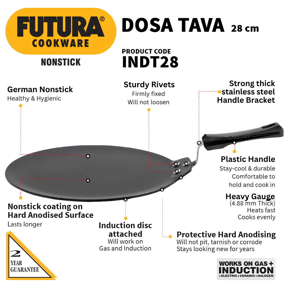 FUTURA Hawkins 28 cm Dosa Tava, Non Stick Flat Dosa Tawa, Gas, Induction Cooktop Compatible, (INDT28)