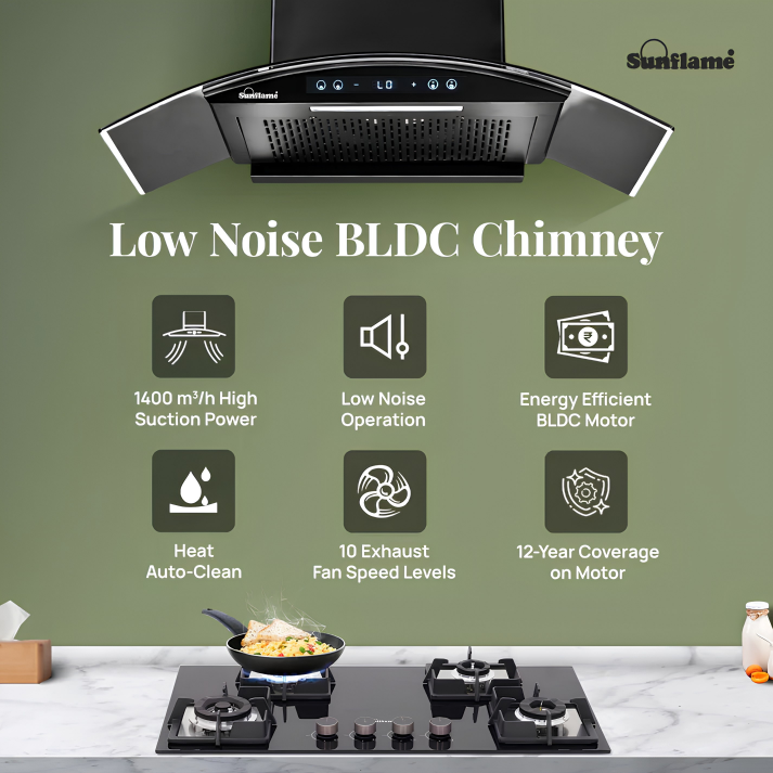 SUNFLAME SF-RE90 | 90 cm BLDC Kitchen Chimney | 1400 m³/hr suction | Low Noise Operation | Heat Auto Clean | Gesture & Touch Control | 10 Speed Settings | 12 Year Motor Warranty