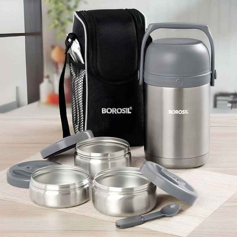 BOROSIL Hot-N-Fresh Stainless Steel Insulated Lunch Box, 3 Containers (1pcs 360 ml + 2pcs 410 ml), Grey