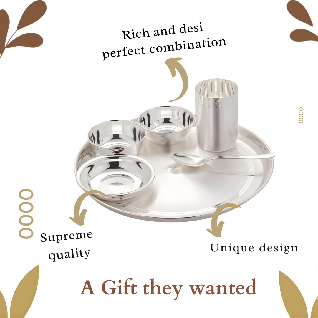 SILVERGLOW Stainless Steel Silver Dinner Set of 6 pcs, Pure-Silver Plated Luxury Dinnerware Set, Festival/Wedding Return Gift, Hotel, Restaurant Dining Set