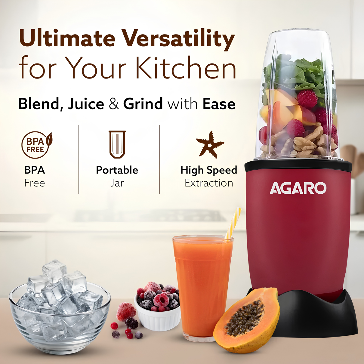 AGARO Regal Blender with 3 Jars | 400 Watts Personal Blender with 100% Copper Motor | Stainless Steel Blades | Smoothie Maker, Masala Grinder, Use for Milkshakes, Juices & Chutney | Red