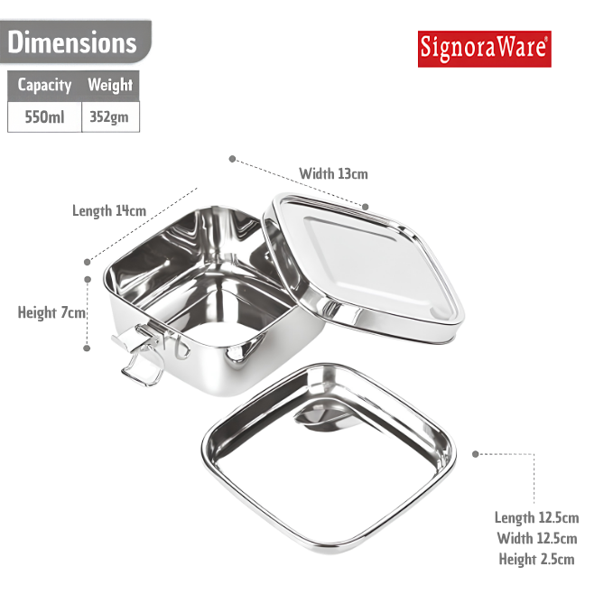 SIGNORAWARE All Steel Square Lid Range Steel Container with Plate | Silicone Seal to Prevent Leakage | Smart Vent Silicone to Release Air | Perfect for All Types of Food | Easy to Carry