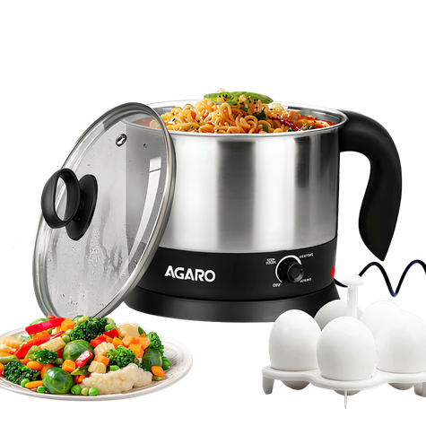 AGARO Esteem Electric Multipurpose Kettle 1.2 Ltr | 600 W with Stainless Steel Body, Egg Rack, Grill Rack | 3 Heating Modes & Rapid Boil Technology, Boiling Water, Tea, Coffee, Oats, Noodle, Soup | Black