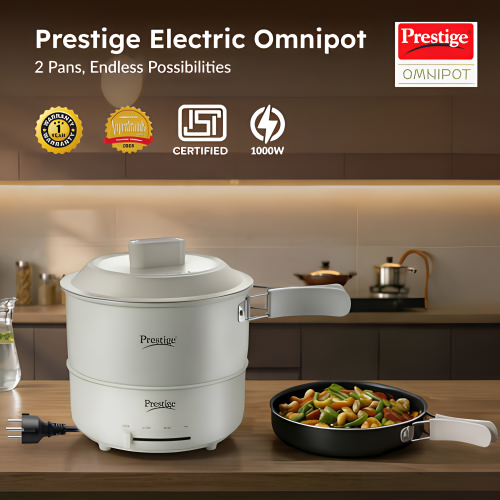 PRESTIGE Electric Omnipot | 1000W Electric Cooking Pan & Fry Pan with Lid | Steam Vent | Temperature Control Slider | Cool-Touch Foldable Handles | Detachable Power Cord | Compact Design | 1Year Warranty | Travel Accessories