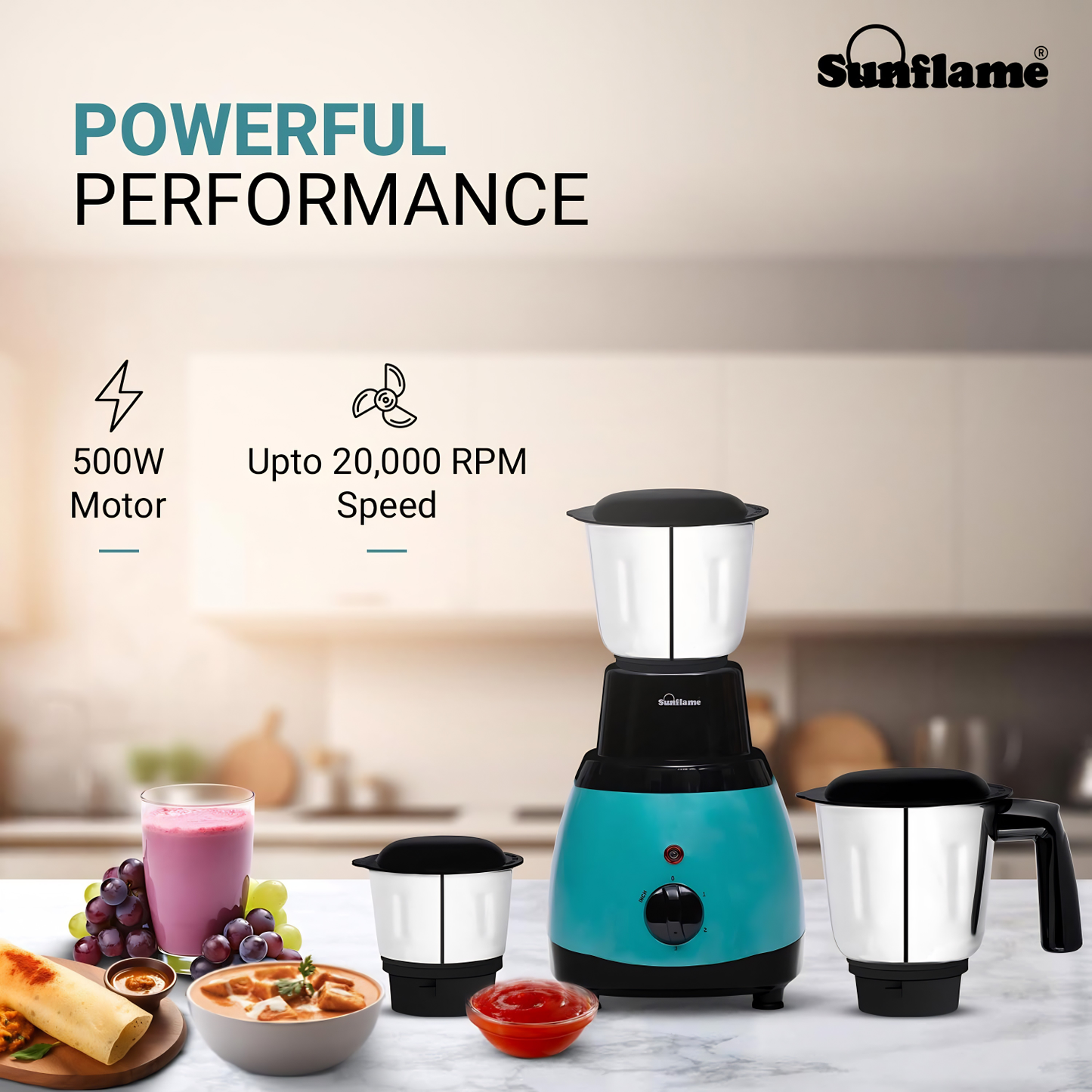 Sunflame MG50 Mixer Grinder | Powerful 500W Motor | Easy-to-Clean Removable Blades | 3 Multi-Utility Jars | 3 Speed Settings | Compact Size | Leak-Proof Lids | 2-Year Coverage