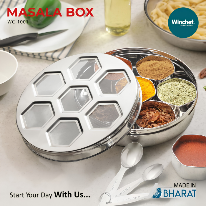 WINCHEF Premium Stainless Steel Masala Box With See Thru Lid | WC-1001 Plus | Dia 24 cm | 7 Octagonal Cups | 3 Spoons | Home & Kitchen