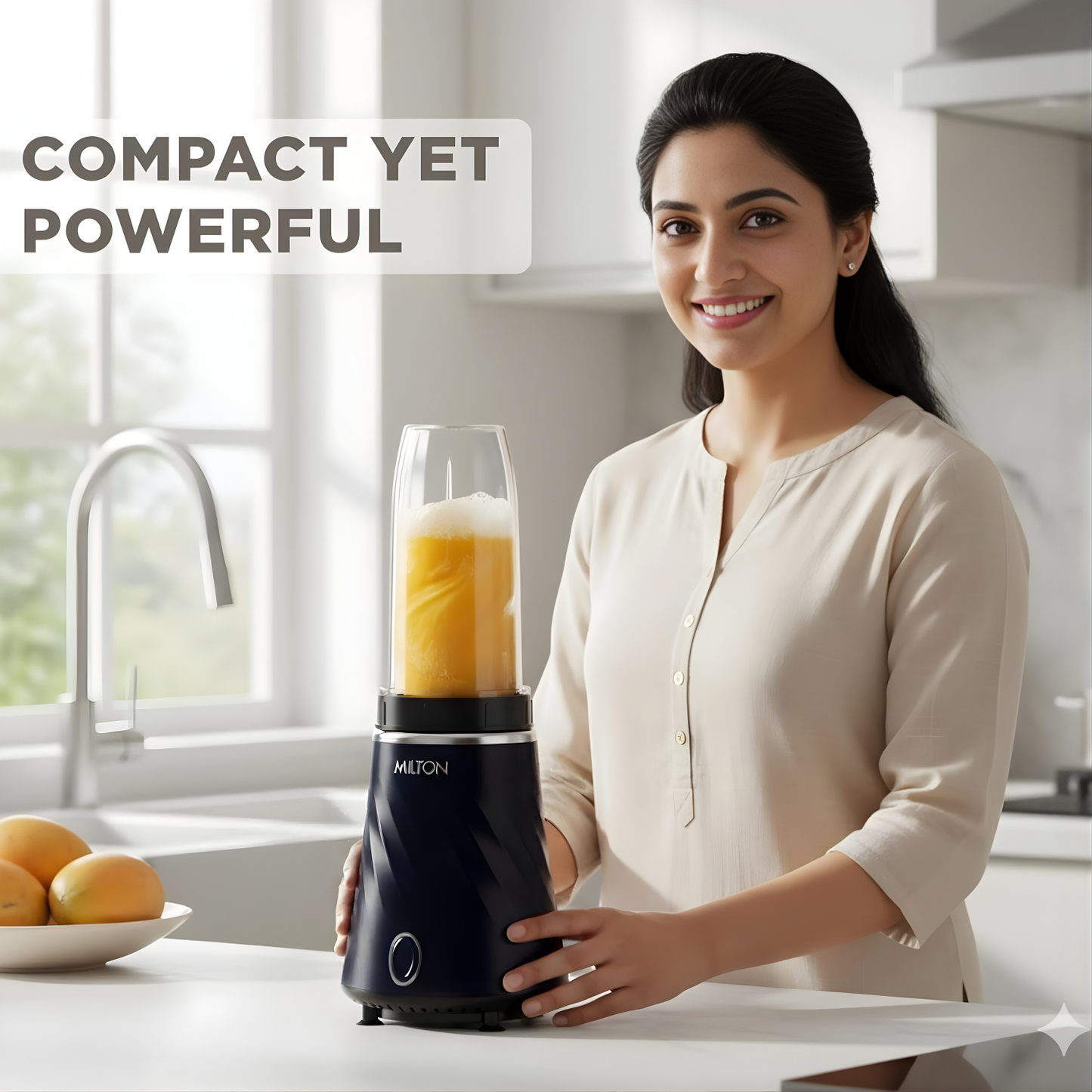 MILTON MINIQ Mini Mixer Grinder Blender Smoothie Maker, ISI Certified, Over Load Protector, HTLV 350W Motor, 2 Jar, Rust Resistant, Anti Skid Feet, Masala Grinder, Chutney Blender, Black/Blue