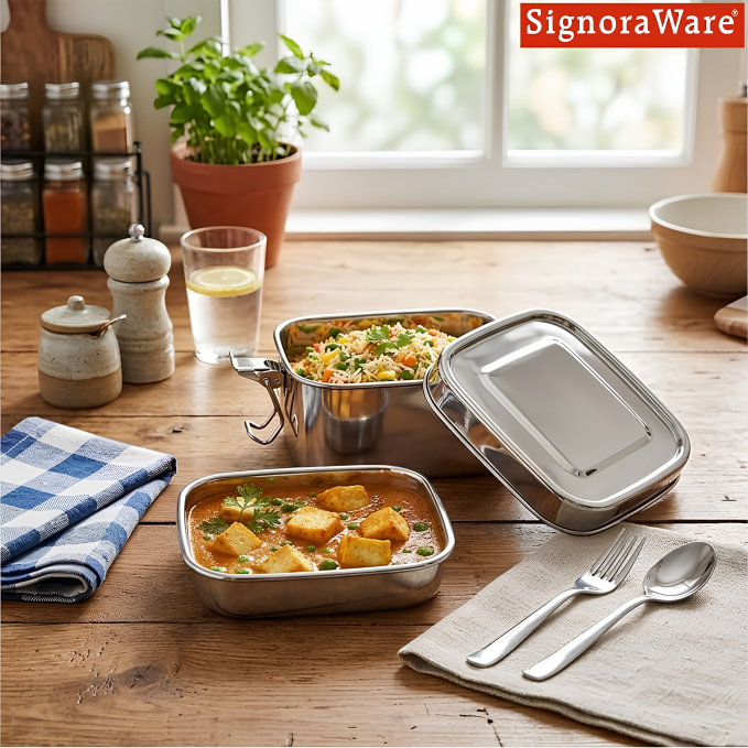 SIGNORAWARE All Steel Square Lid Range Steel Container with Plate | Silicone Seal to Prevent Leakage | Smart Vent Silicone to Release Air | Perfect for All Types of Food | Easy to Carry