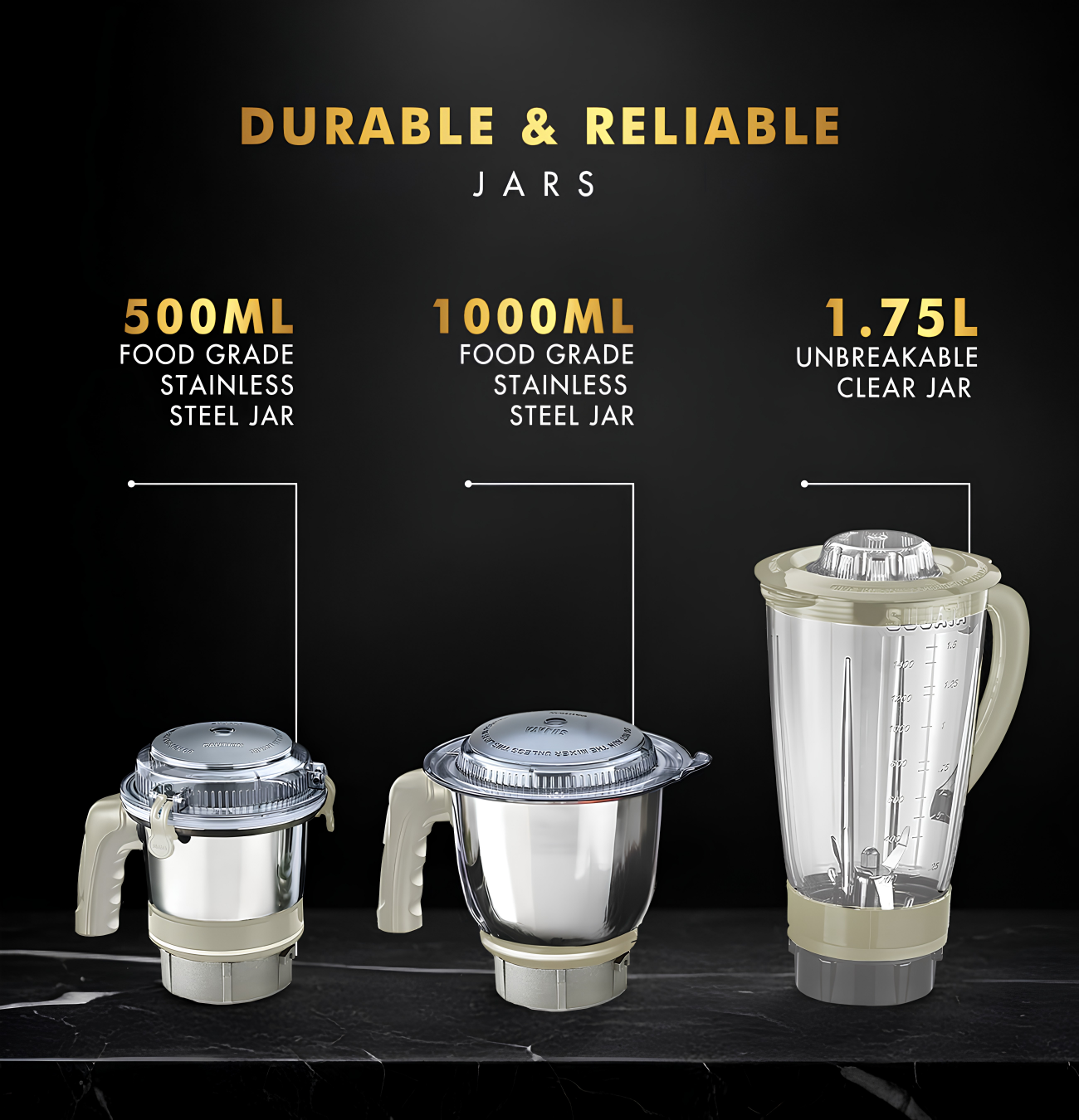SUJATA 1000 Watt Mixer Grinder, Black | New MG01 | 3 Jar