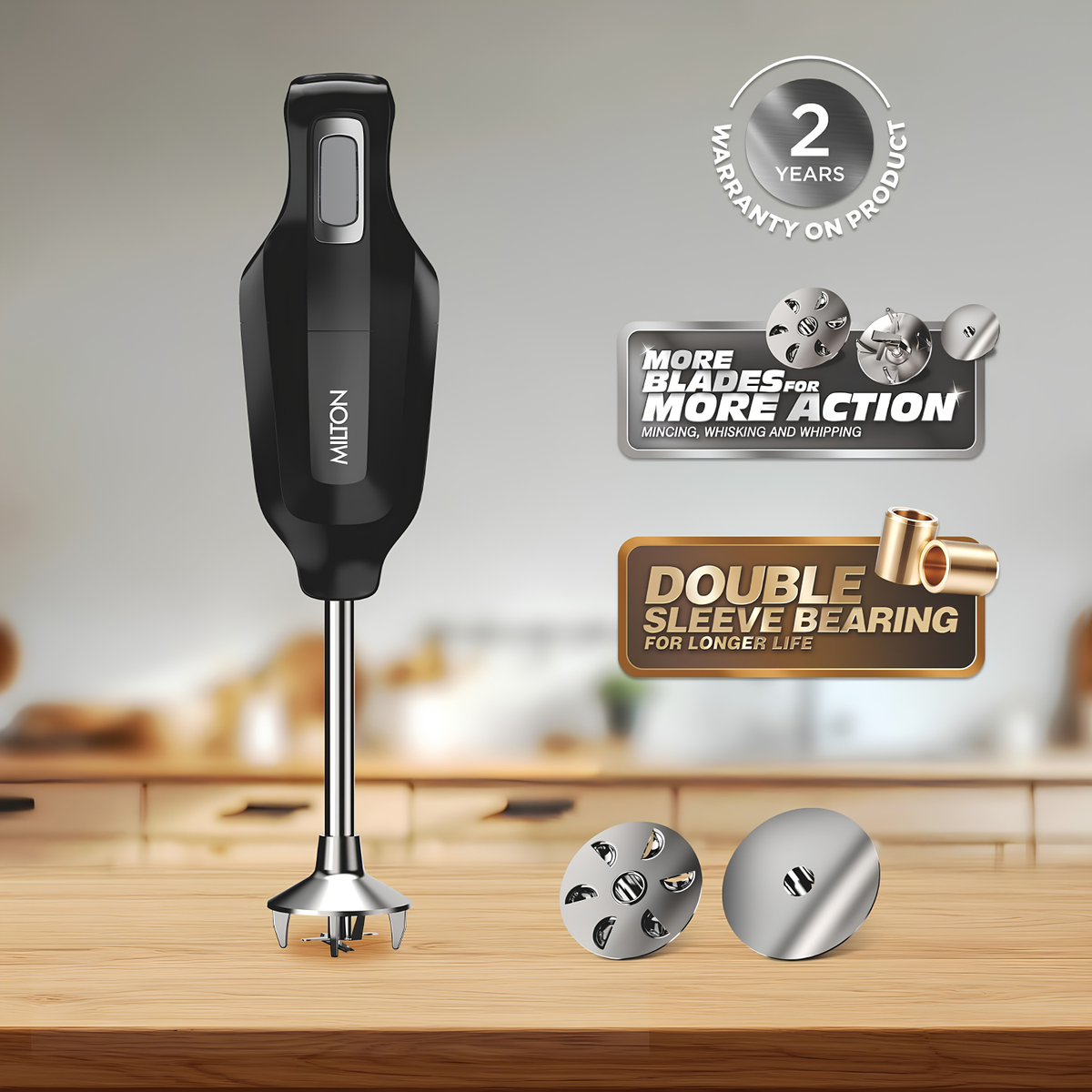 MILTON VorteQ Max Hand Blender | 225W Double Bearing Motor | 3 Detachable Stainless Steel Blades | Mincing, Whisking & Whipping | Wall Mount | ISI Certified | 2-Year Warranty | Black