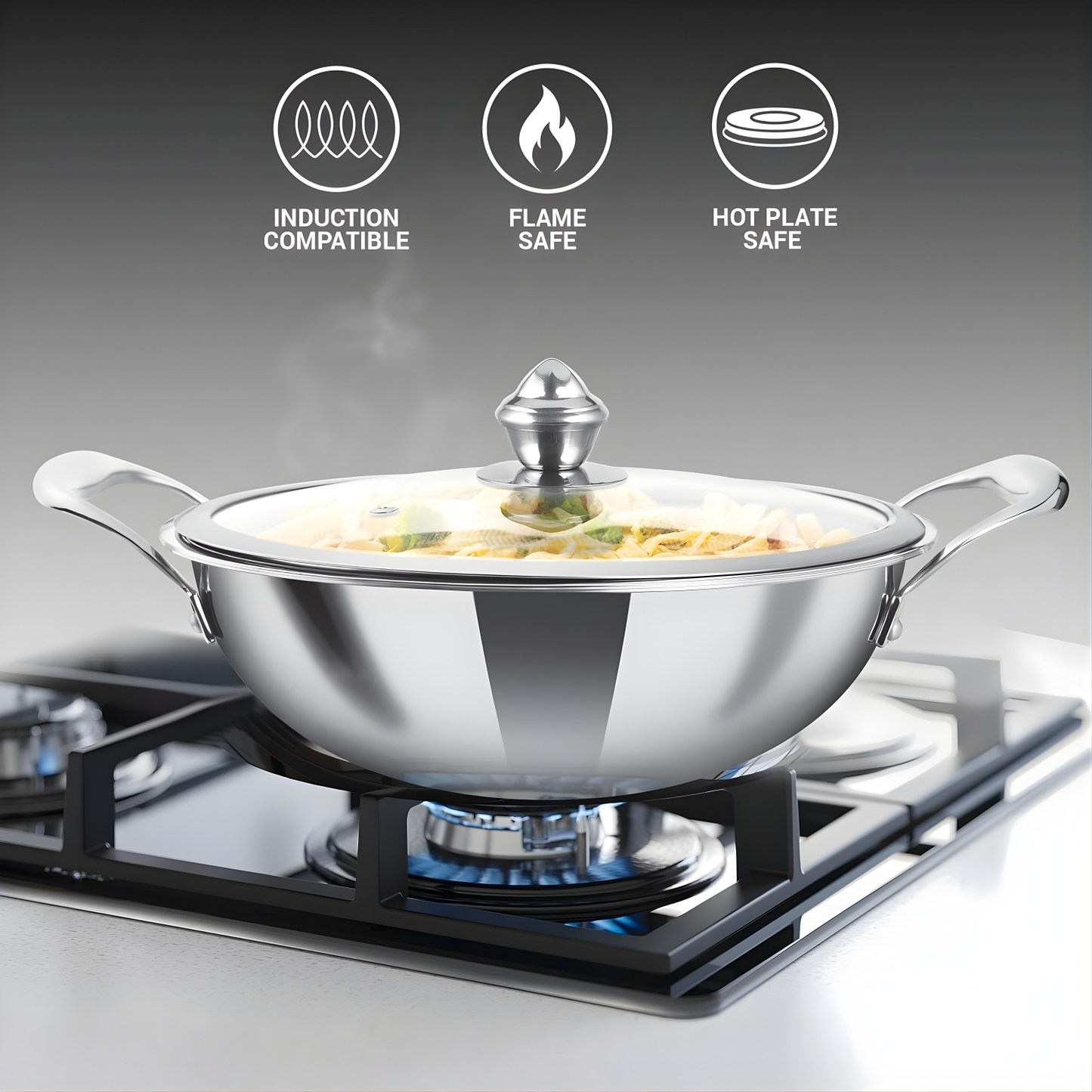MILTON Pro Cook TriPly Hexa Tech Induction Stainless Steel Kadhai with Glass Lid