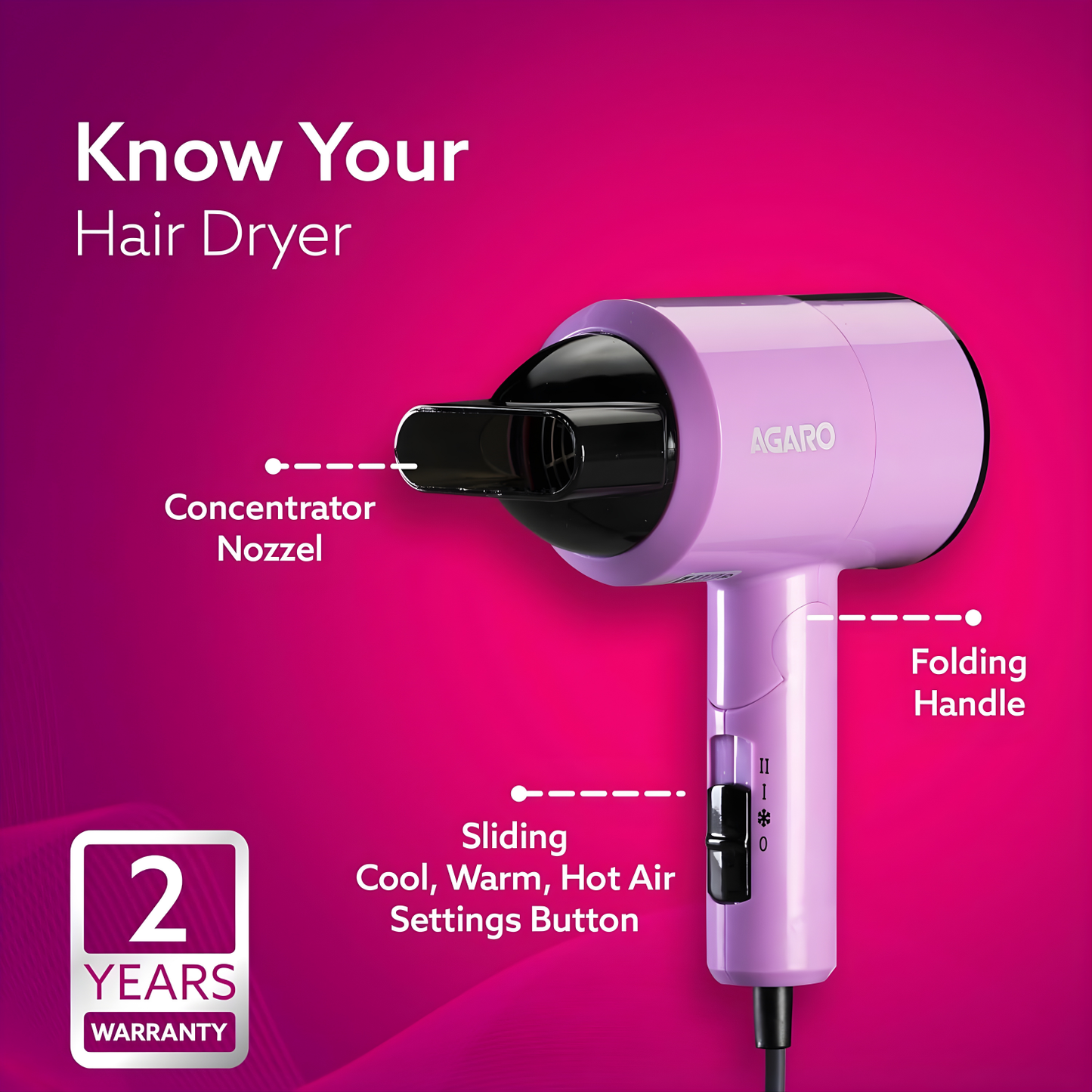AGARO HD-1211 Hair Dryer 1100 Watts, 2 Heat Speed and Cool Mode, Foldable (Compact in Size), Purple