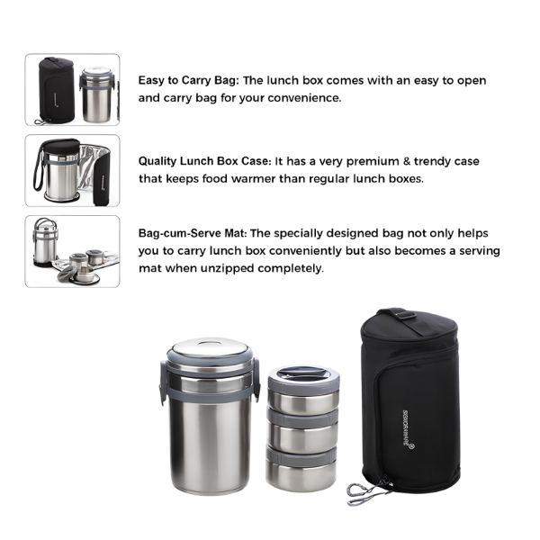 SIGNORAWARE Signature Double Wall Vacuum Insulated Stainless Steel Lunch Box (Big) with BAGMAT, Set of 3 SS Containers, 500 ml x 2 + 400 ml x 1, Silver