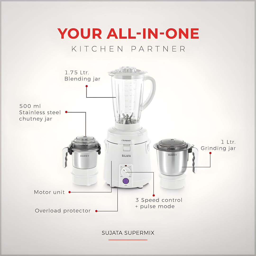 SUJATA Supermix Mixer Grinder|900 Watts Double Ball Bearing Motor|22000 RPM|Non-Stop 90 Mins Running|3 Jars including 1750 ml Blender, 1000 ml Grinder, 500 ml Chutney Jar| White