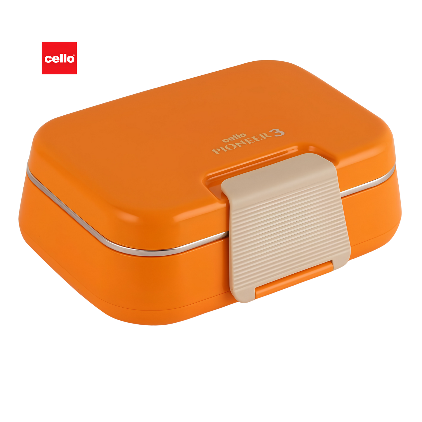 CELLO Pioneer Inner Steel Insulated Lunch Box with Fork & Spoon,  | Food Grade 3 Inner Steel Compartment, Leak Proof Sturdy Clip Lock Tiffin Box | Insulated Lunch Box For School Kids, Office Use