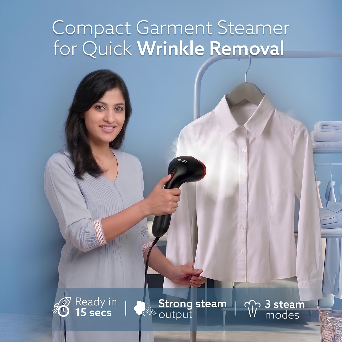 AGARO Elite Garment Steamer - 1500W Steamer for Ironing Clothes - 25g/min, 3 Steam Modes, 100 ml Tank, Compact & Lightweight, Travel Friendly, For All Fabric