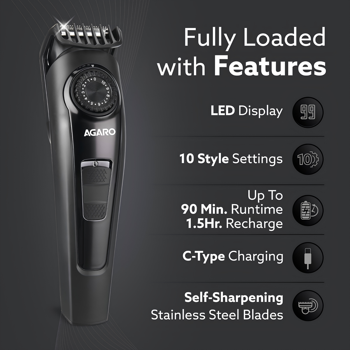 AGARO Beard Trimmer MT1122, 10 Length Settings with digital display USB rechargeable multifunctional for home and travel