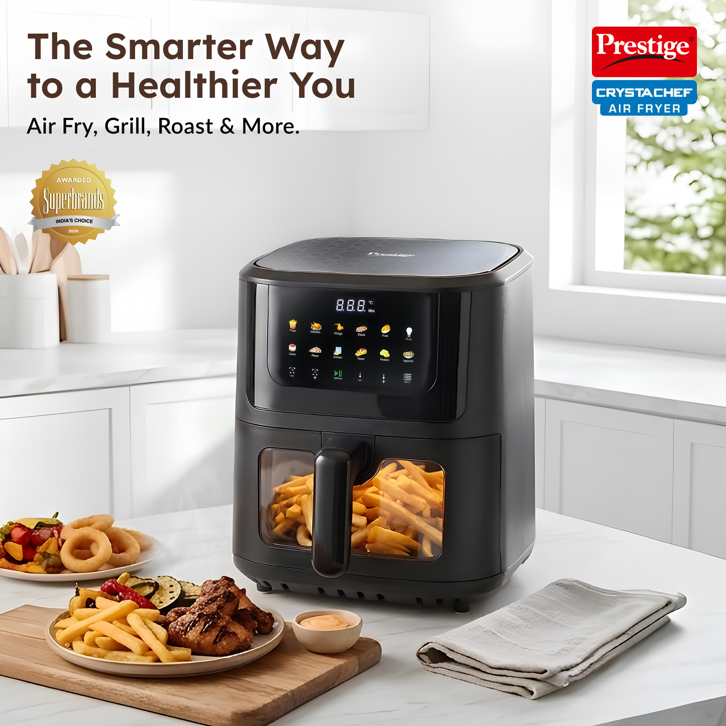 Prestige Crystachef 5.5 L 1350 W Air Fryer Black|11 Pre-set Menu Option | See Through Window|Safety Interlocking | Specially Designed Frying Basket| Up to 80% Less Oil|1 Year Warranty
