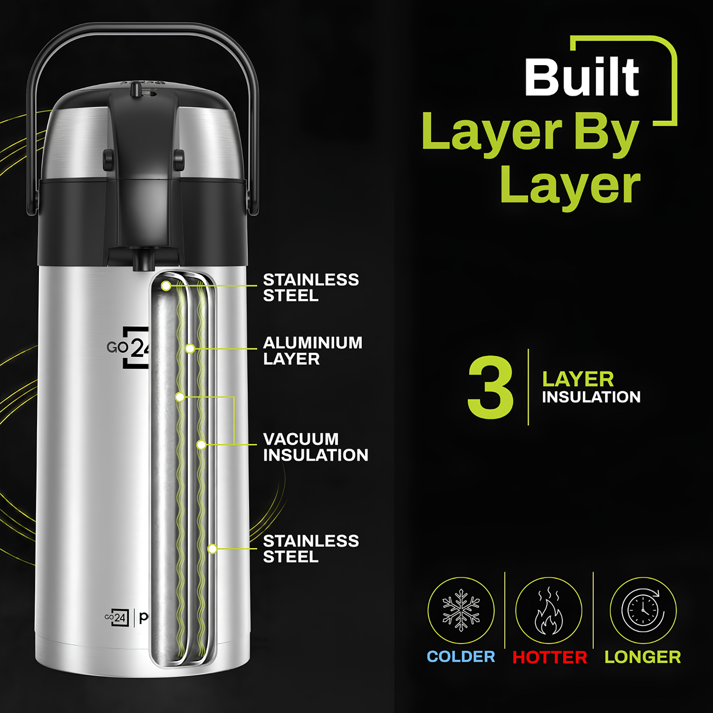 Go24 PEXPO AquaPort Stainless Steel Vacuum Insulated Beverage Dispenser with Pump | Hot & Cold | Double Wall | Sturdy Handle to Carry | Coffee/Tea Carafe - Silver