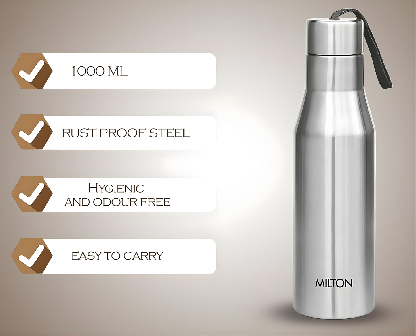 MILTON Super 1000 Single Wall Stainless Steel Bottle, Set of 3, 1000 ml Each, Silver | 100% Leak Proof | Fridge | Office Bottle | Gym Bottle | Home | Kitchen | Hiking | Trekking I Travel