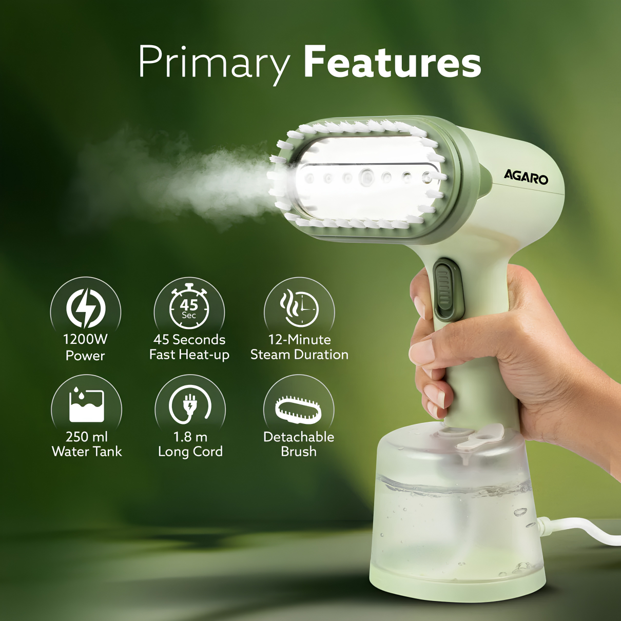 AGARO Regency Handheld Garment Steamer, Wrinkle Remover, Iron, Fast Heat, Ceramic Steam Nozzle, 1200W, 250 ML Water Tank, Detachable Fabric Brush