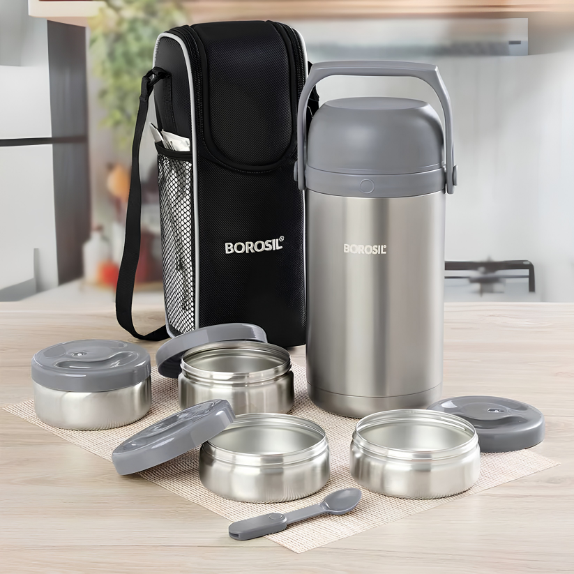 BOROSIL Hot-N-Fresh Stainless Steel Insulated Lunch Box, 3 Containers (1pcs 360 ml + 2pcs 410 ml), Grey