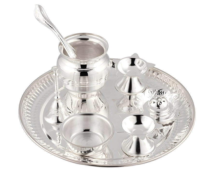 SILVERGLOW Arpan Pooja Set | Silver Plated Puja Thali Set | Festival Ethnic Puja Aarti set | Diwali, Office, Mandir, Wedding/Return Gift Item of 9 Pieces