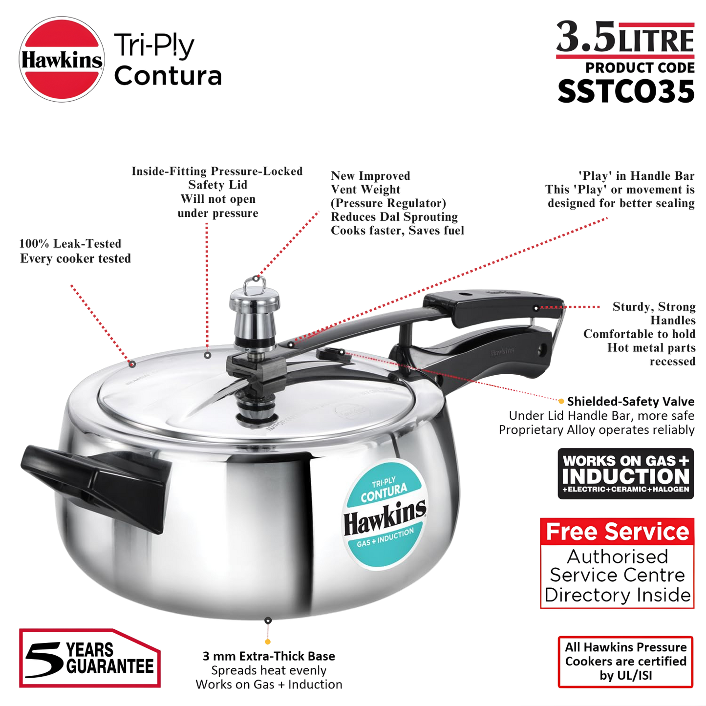 HAWKINS Contura Tri-Ply Stainless Steel 3.5 Litre (SSTCO35) |Induction Compatible