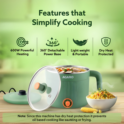 AGARO Regency Multi Cook Kettle With Steamer - 1.2 Litres - Sea Green | Boiling, Steaming, Tea, Coffee, Egg, Vegetable Boiling, 600 W