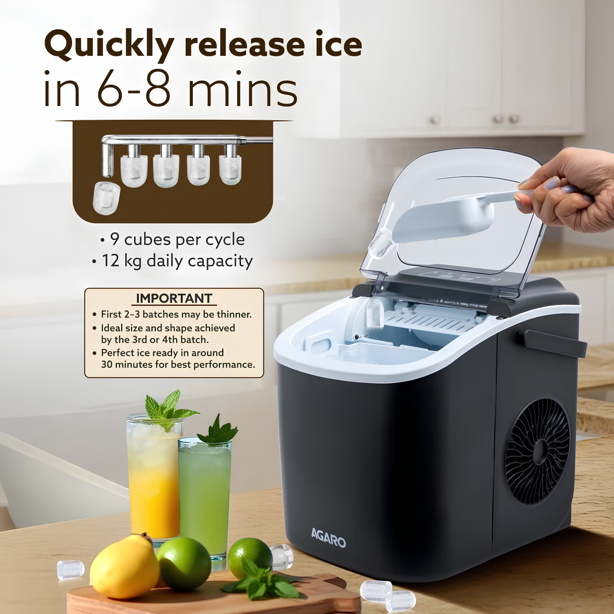 AGARO Marvel Ice Maker | Compact Ice Maker | 1.2 L water Tank | 9 Pcs bullet Ice Cube at a time | Plastic Body