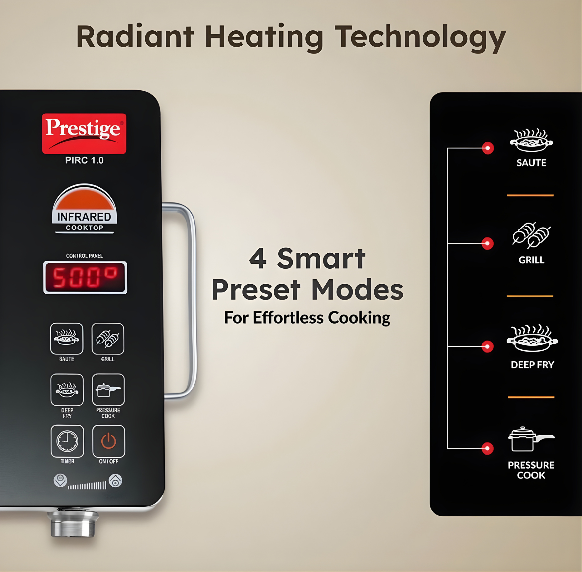 Prestige Infrared Cooktop PIRC 1.0 | 2200-watt heating element, Stainless Steel & Ceramic | Adjustable Temperature Control | Cool Touch Handle | Induction Cooktop Style | 1-Year Warranty
