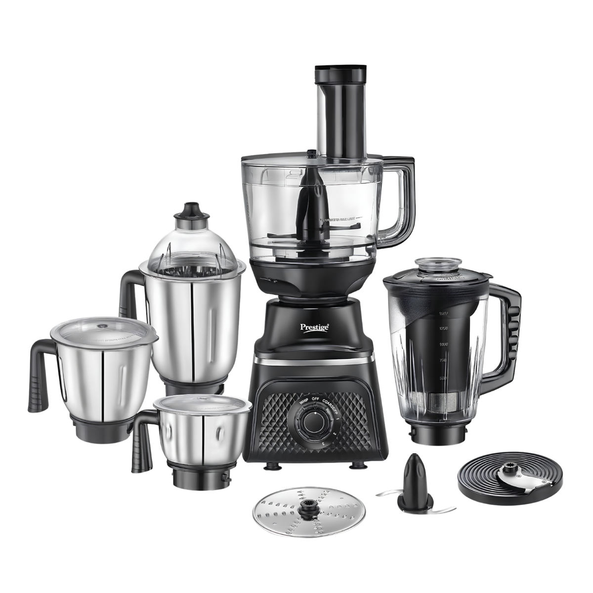 PRESTIGE Prisma Pro 750W 5 Jars Mixer Grinder  Stainless Steel Jars 3U, Multi Utility Jar 1 U & Juice Jar 1 U | 6 Super-Efficient Blades | Black & Silver