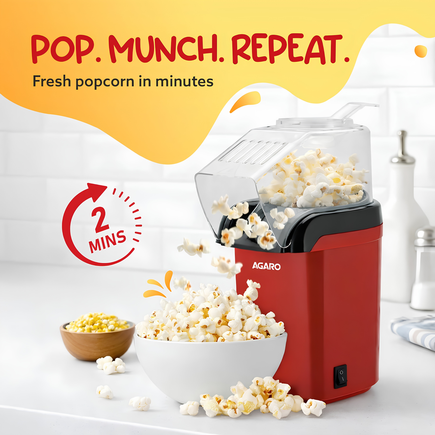 AGARO Delite Electric Popcorn Maker, 1200W Hot Air Popper, Oil-Free Healthy Snacks for Kids in 2 Minutes, 90% Popping Rate, Measuring Cup Included, Family Party, 1 Year Replaceable Warranty