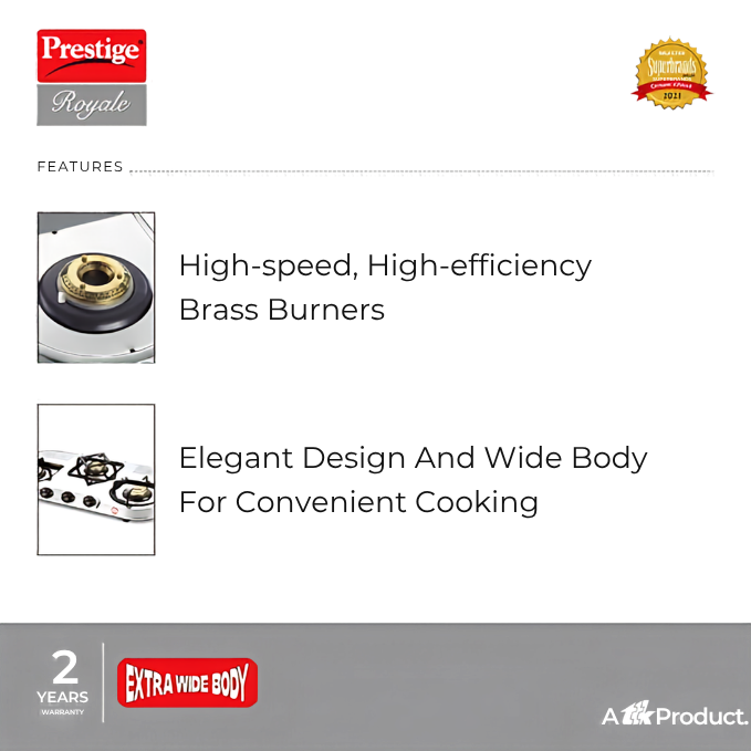 PRESTIGE Royal Stainless Steel Duplex 3 Burner Gas Stove | Extra Wide Body | Spill-proof Design | Brass Burners | Taller Legs | 2 Year Warranty