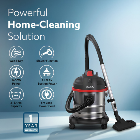 AGARO ACE Wet & Dry Vacuum Cleaner 1600 W | 21 Ltres Capacity | 21.5 kPa Suction Power | For Home & Office