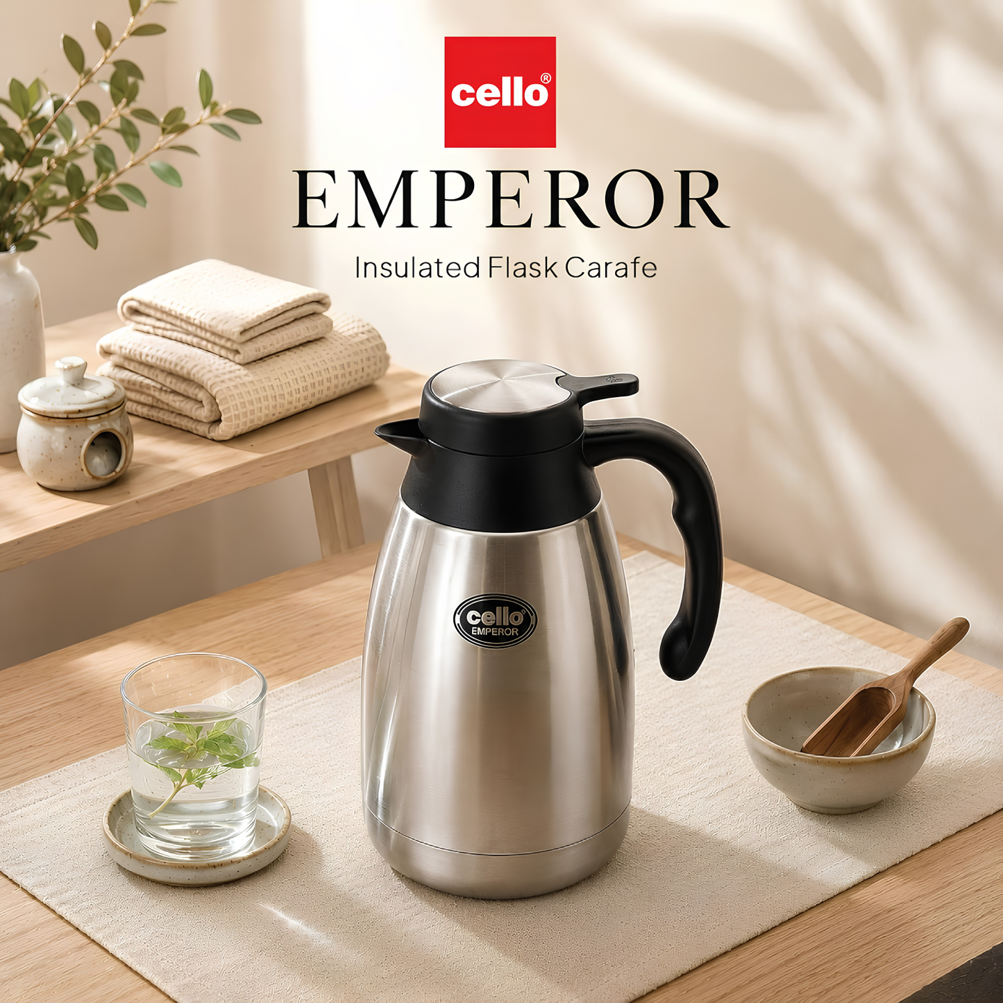 CELLO Emperor Stainless Steel Tea & Coffee Flask Carafe with Handle, Silver | Double Wall, Vacuum Insulated, 24 Hours Hot and Cold Flask Carafe | Ideal For Home, Kitchen, Office & Restaurants