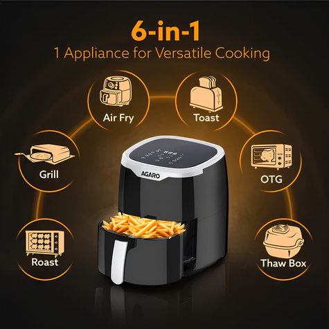 AGARO Galaxy Digital Air Fryer for Home, 4.5 L, Electric Air Fryer, Convection Oven | 1400W | 7 Pre-set Programs & Reheat | 360 Degrees Air Circulation | Digital Touch Display | Bake, Roast, Toast | Black