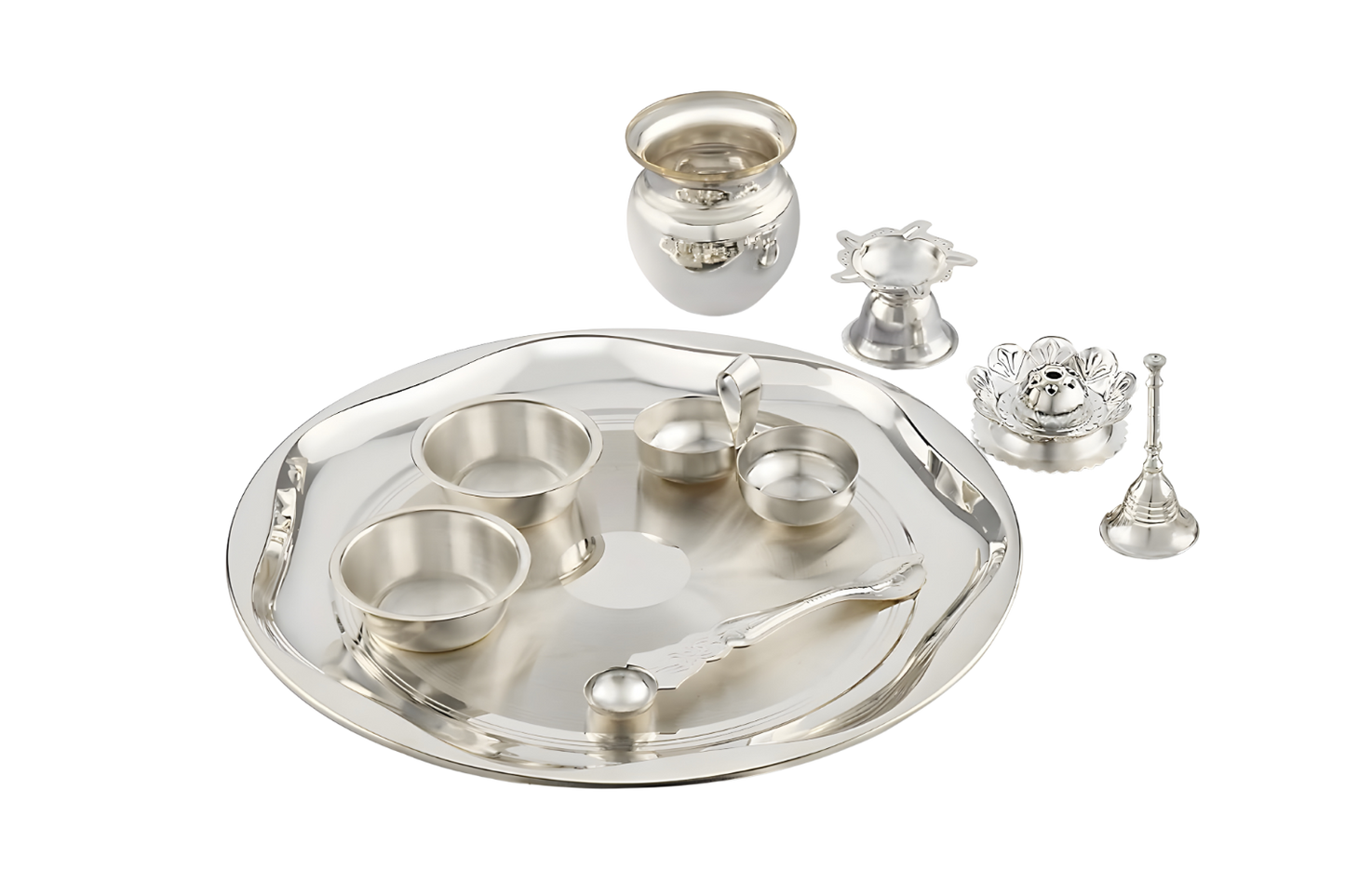 SILVERGLOW Arpan Pooja Set | Silver Plated Puja Thali Set | Festival Ethnic Puja Aarti set | Diwali, Office, Mandir, Wedding/Return Gift Item of 9 Pieces