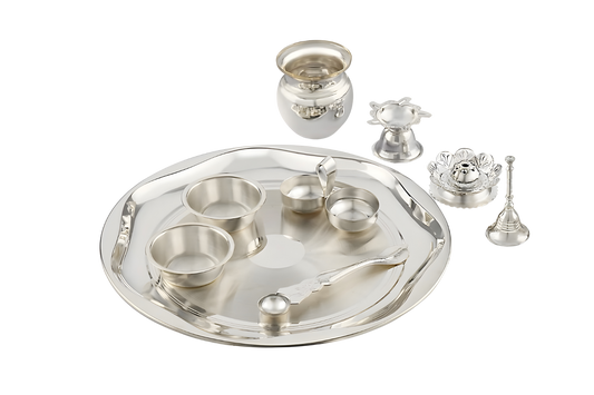 SILVERGLOW Arpan Pooja Set | Silver Plated Puja Thali Set | Festival Ethnic Puja Aarti set | Diwali, Office, Mandir, Wedding/Return Gift Item of 9 Pieces