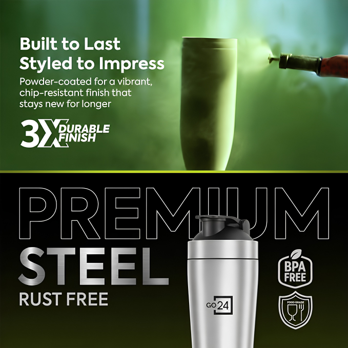 GO24 PEXPO Stainless Steel Gym Shaker Bottle Kayo Plus Silver 800ml | Lightweight single-wall water bottle with leakproof lid, BPA-free, ideal for school, office, gym, travel & daily hydration