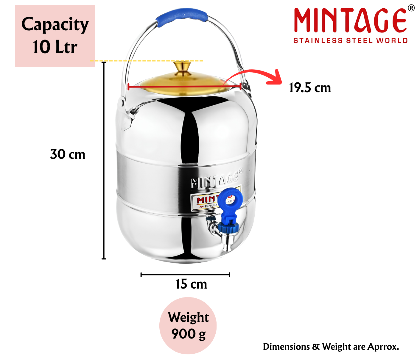 MINTAGE Elegant Dual Tone Stainless Steel Water Pot With Tap & Handle | Golden PVD Lid | 10 Ltr