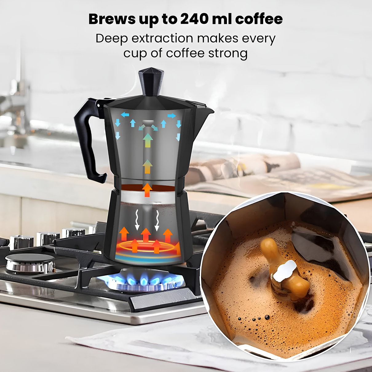 AGARO Classic Moka Pot - 240 ML - Black | Premium Aluminium Built | Italian Style Mocha | Cuban Café Brewing | Stove Top