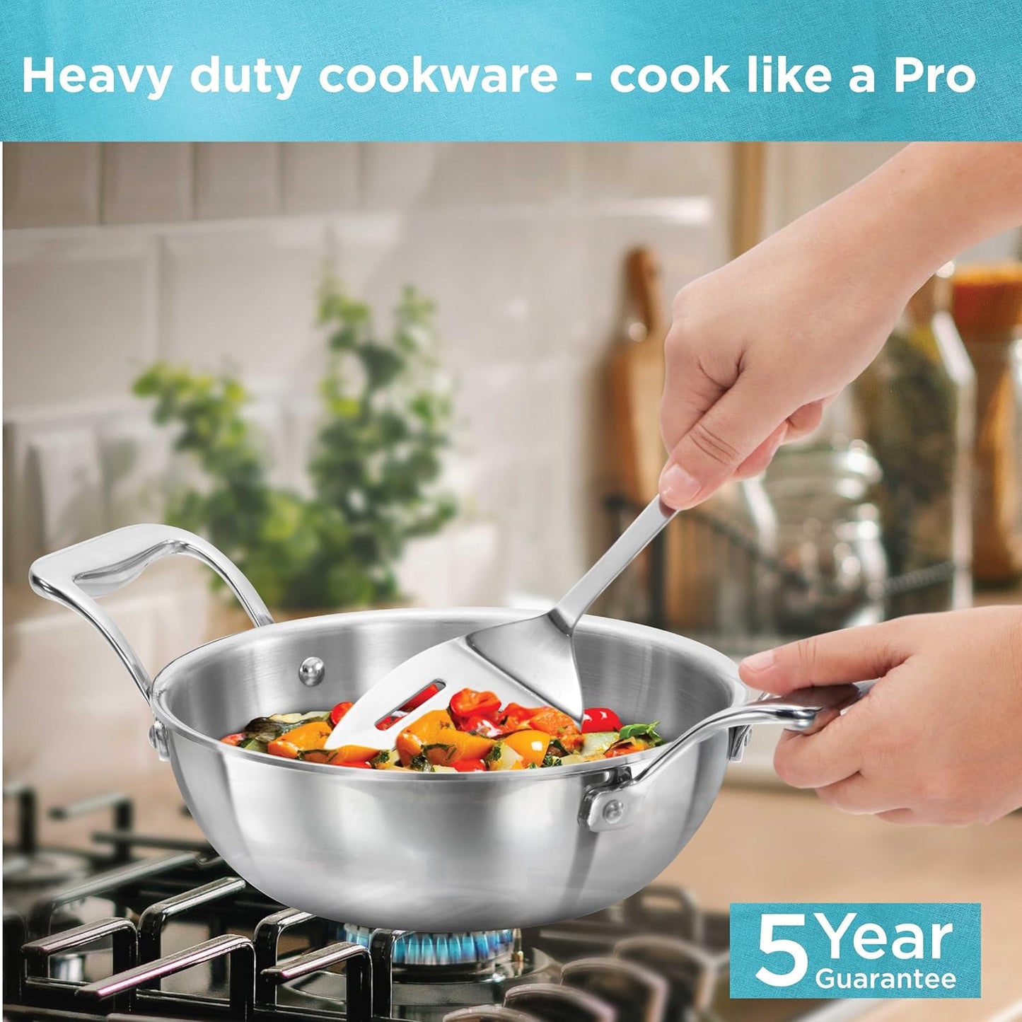 HAWKINS Pro Deep-Fry Pan | Triply Stainless Steel Kadhai with Steel Handles and Steel Lid | Silver