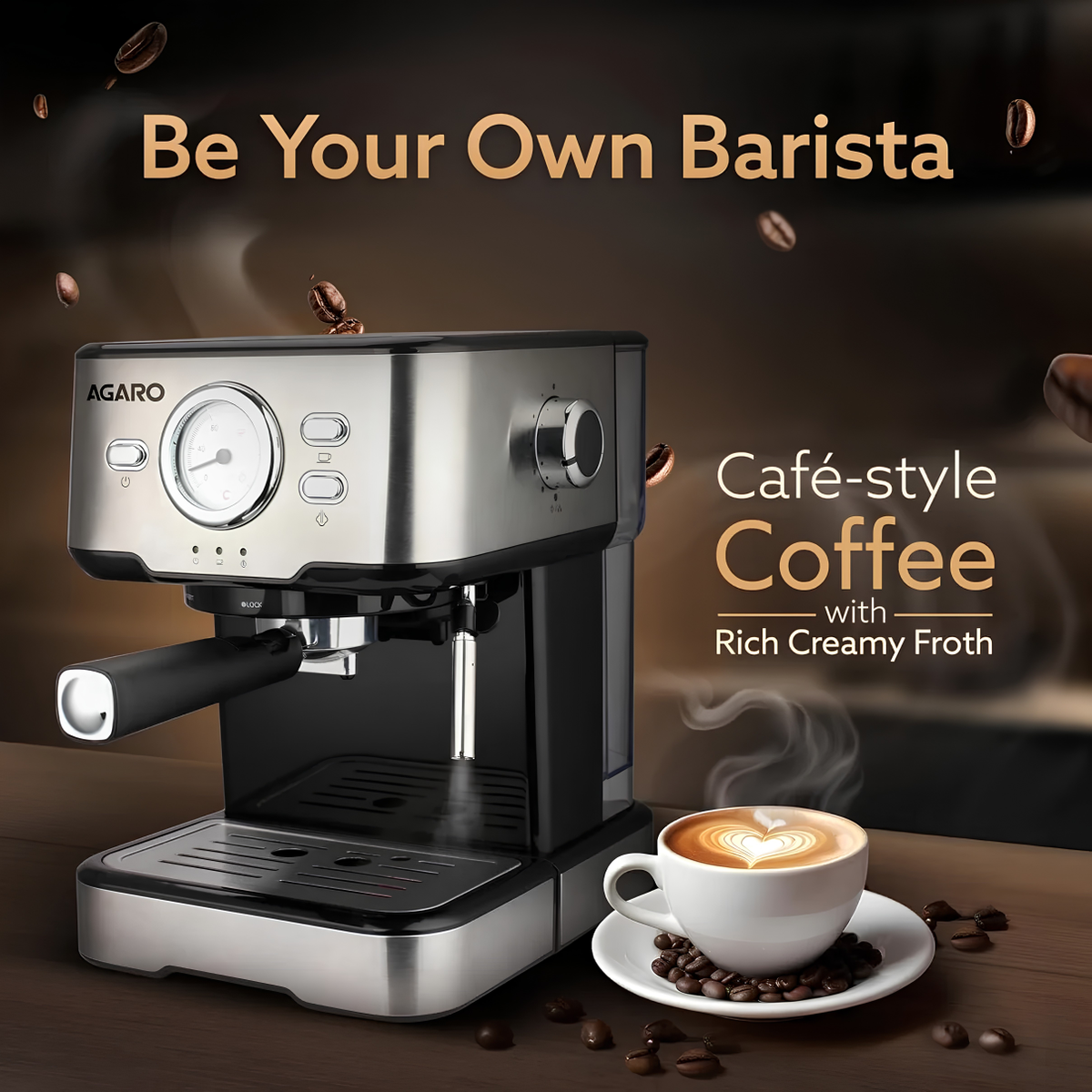AGARO Imperial Espresso Coffee Machine, 15 Bars | With Foaming Milk, Frother Wand for Espresso, Cappuccino, Latte and Mocha, Steam Espresso Maker For Home | Adjustable Milk Frothing and Double Temperature Control System | Stainless Steel | 1100 W