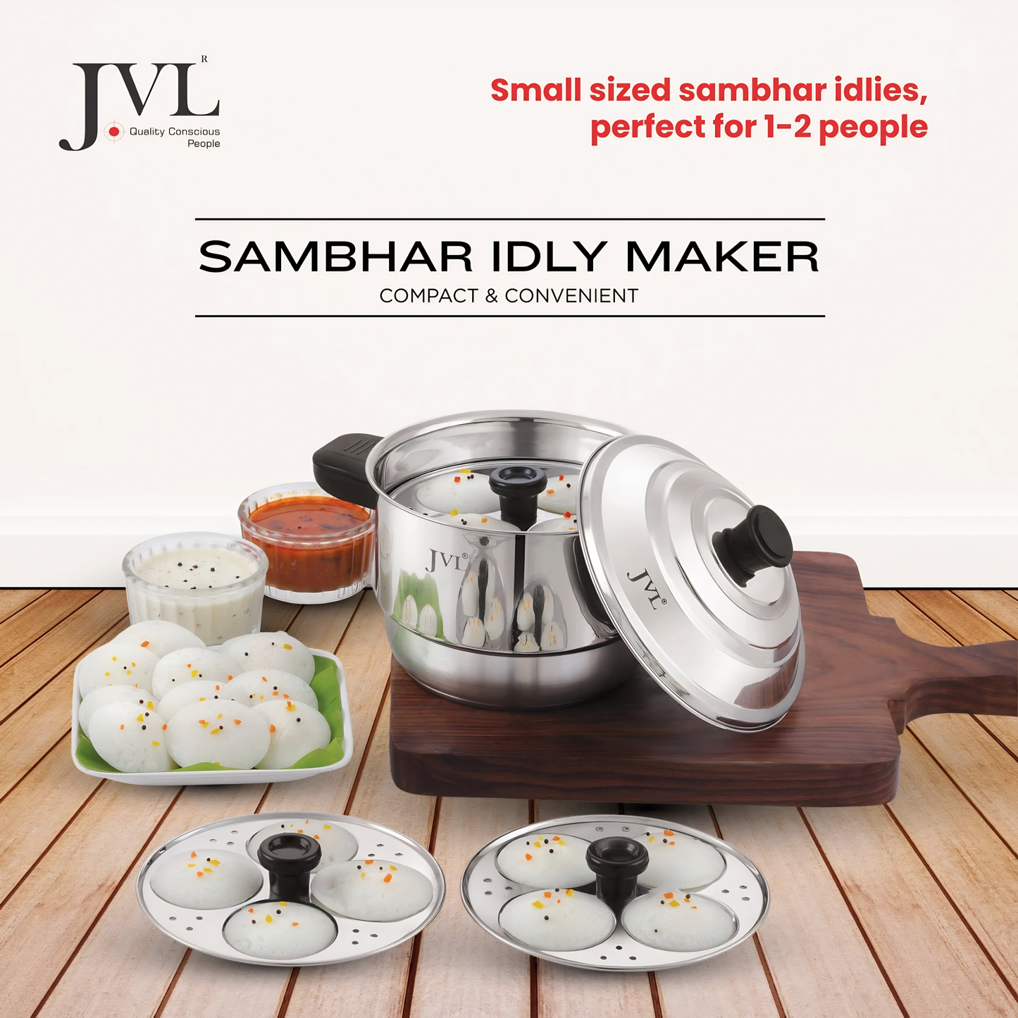 JVL Classicware 2 in 1 Mini Sambhar Idly Maker with Triply Base (Small Size) | 4 Idly Plates (16 Idlis)
