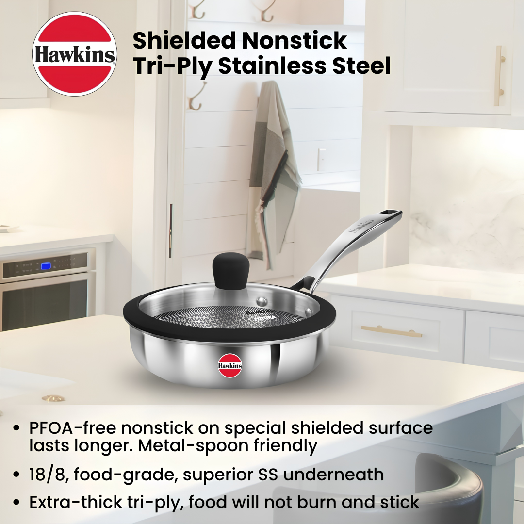 HAWKINS 18 cm Tri-ply Shielded Stainless Steel Non-Stick Pro Frying Pan | Induction & Gas Compatible | Even Heating | with Glass Lid | Silver (PSNF18G)