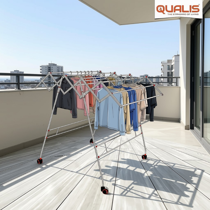 QUALIS Galaxy Zig Zag Foldable Cloth Drying Stand | Pure Stainless Steel | With Wheels | For Home & Farm House