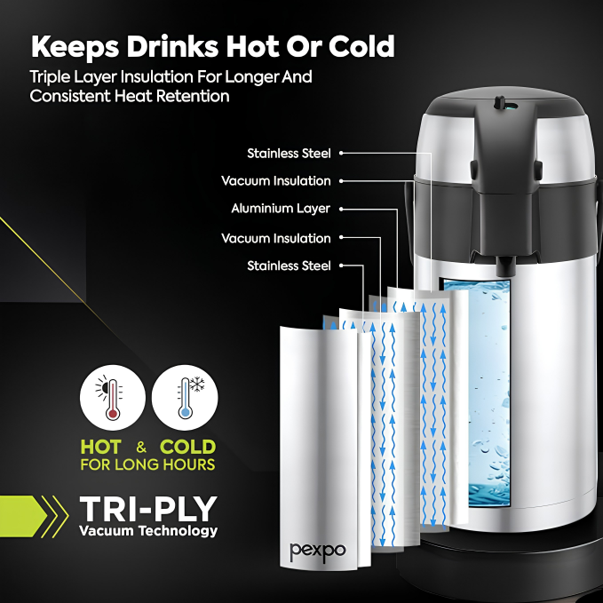Go24 PEXPO AquaPort Stainless Steel Vacuum Insulated Beverage Dispenser with Pump | Hot & Cold | Double Wall | Sturdy Handle to Carry | Coffee/Tea Carafe - Silver